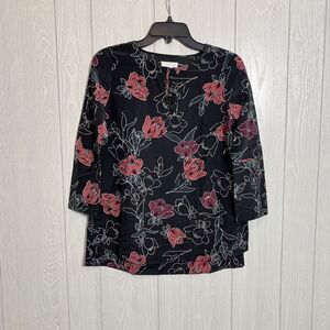 14th & Union Black Floral Long Sleeve Top XXSP Petite NWOT